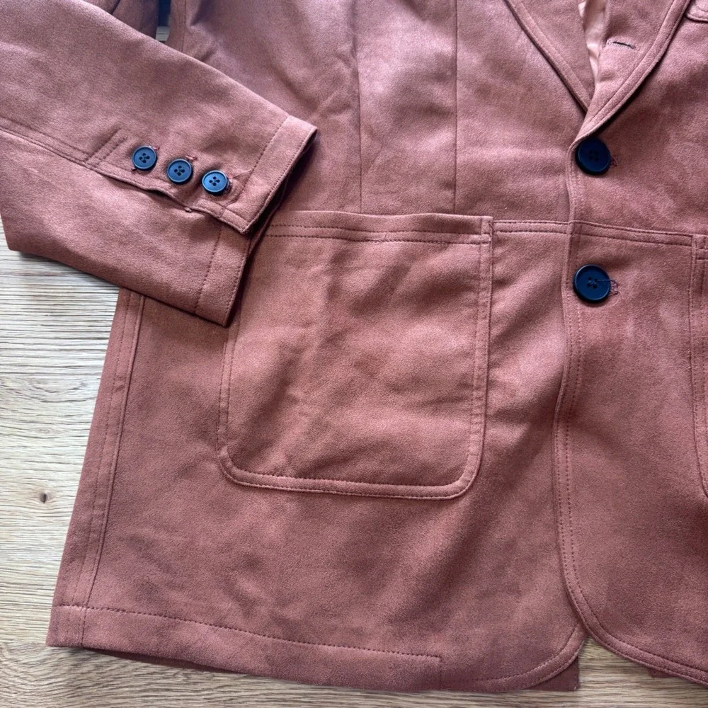Mens Rust Brown Faux Suede Two Button Blazer Jacket XL Patch Pockets Solid